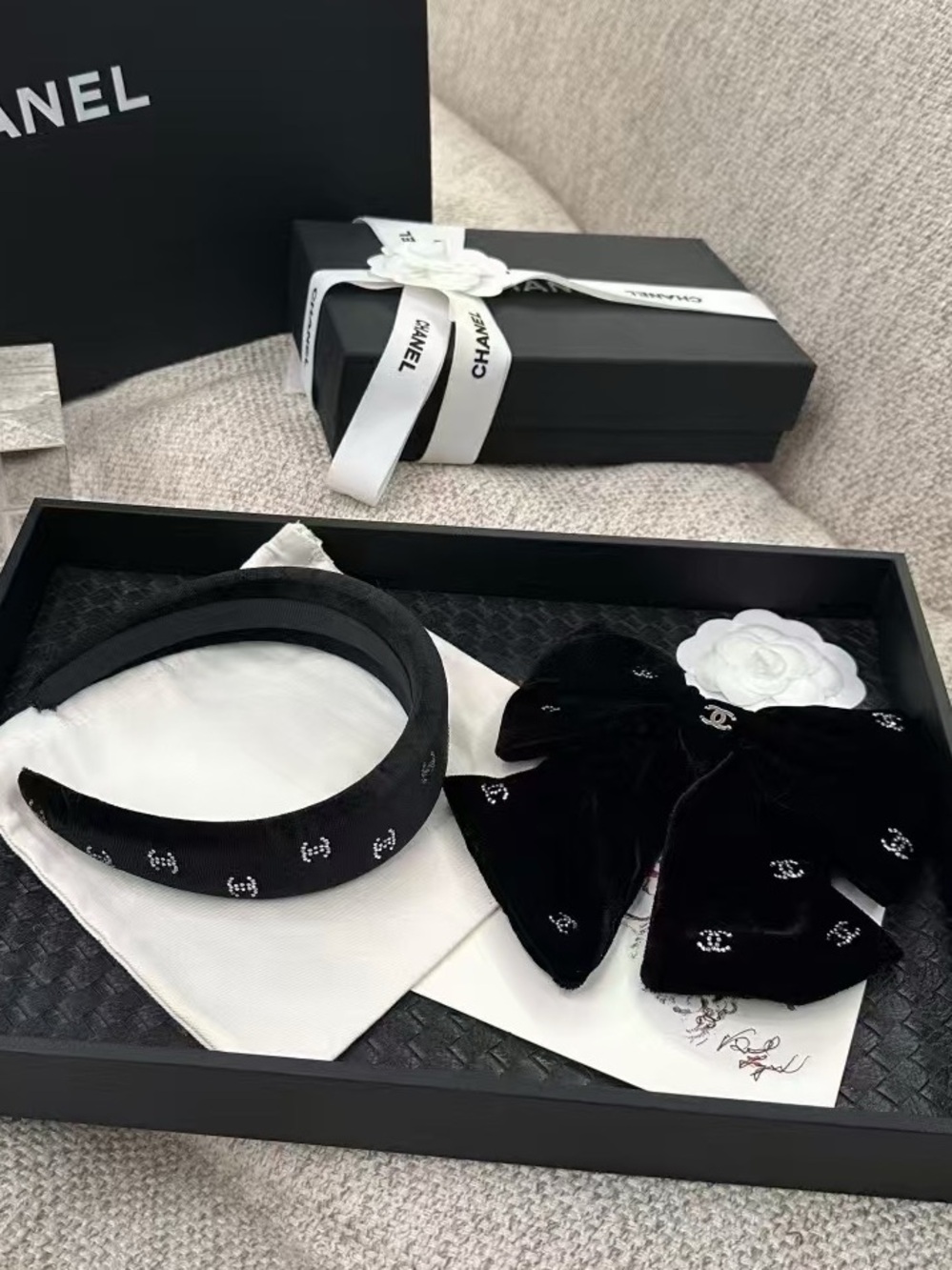 Chanel Black Velvet Bow Headband Set with Logo Accents